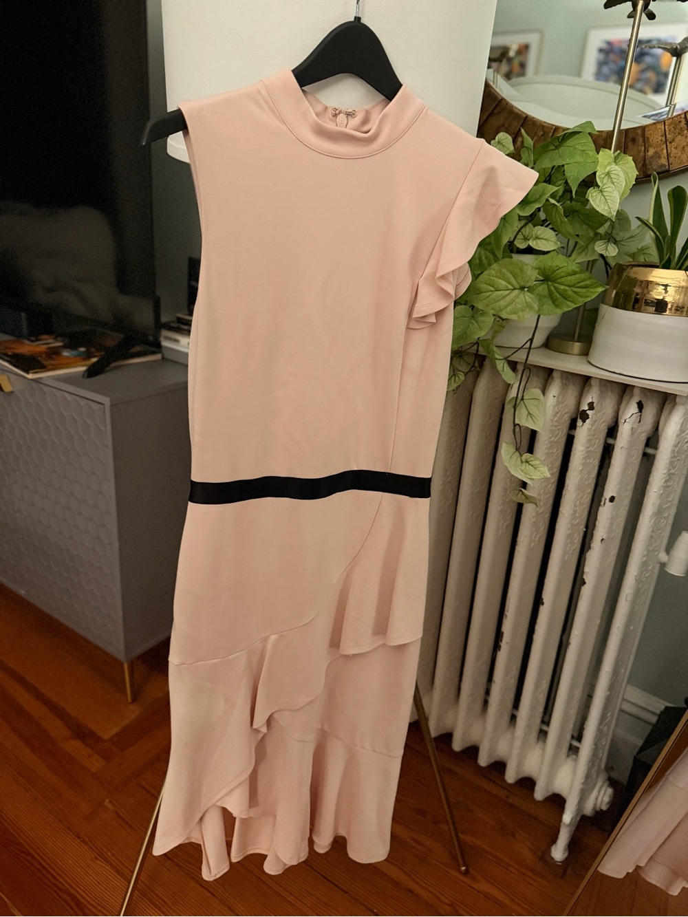 Bebe Pink Ruffle Midi Dress with Black Waist Detail
